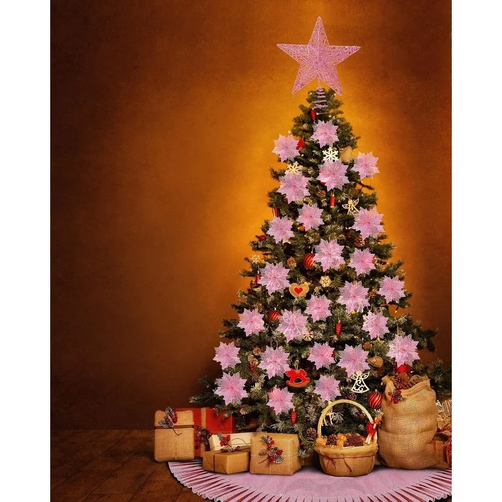 38 Pc Pink Christmas Decorations Set Sequin Tree Skirt Star Topper Flowers CC19